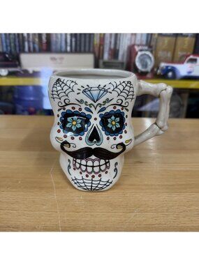 Sculpted Sugar Skull Coffee Cup~Cracker Barrel Mug~Day Of The Dead Stoneware